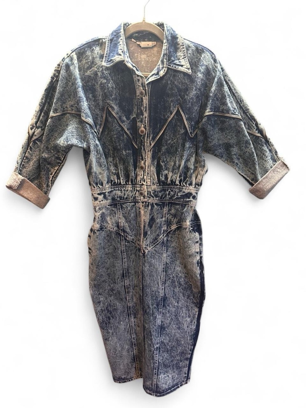 90s Acid-Wash Blue Denim Midi Dress Geometric Zipper Stitching Sz 9-10